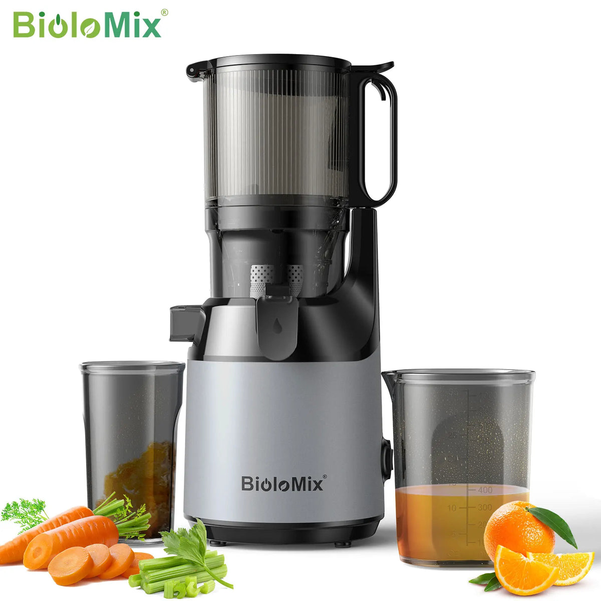 BioloMix Slow Masticating Juicer Cold Press with 130mm Feed Chute BPA Free High Juice Yield Whole Fruit & Vegetable Juicer
