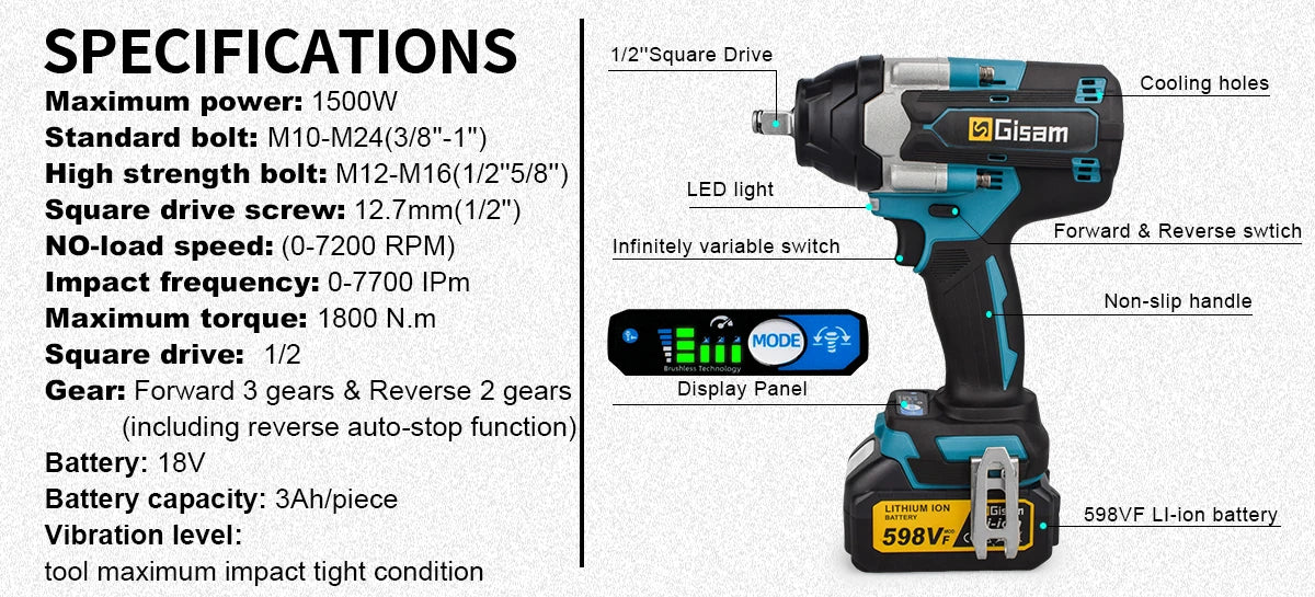 1800N.M Torque Brushless Electric Impact Wrench 1/2 inch Lithium-Ion For Makita 18V Battery