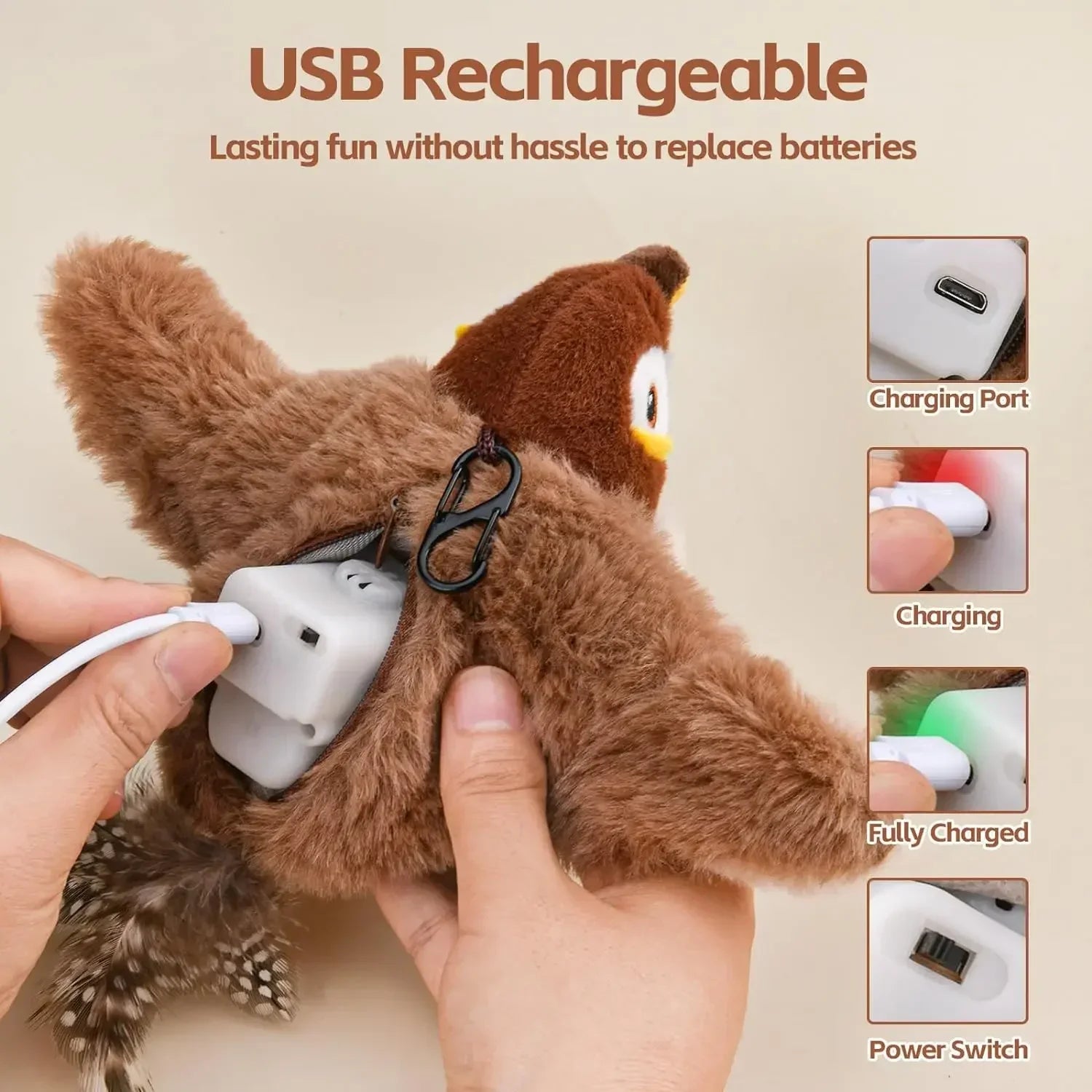 Brown plush toy with a hidden USB charging port and power switch.