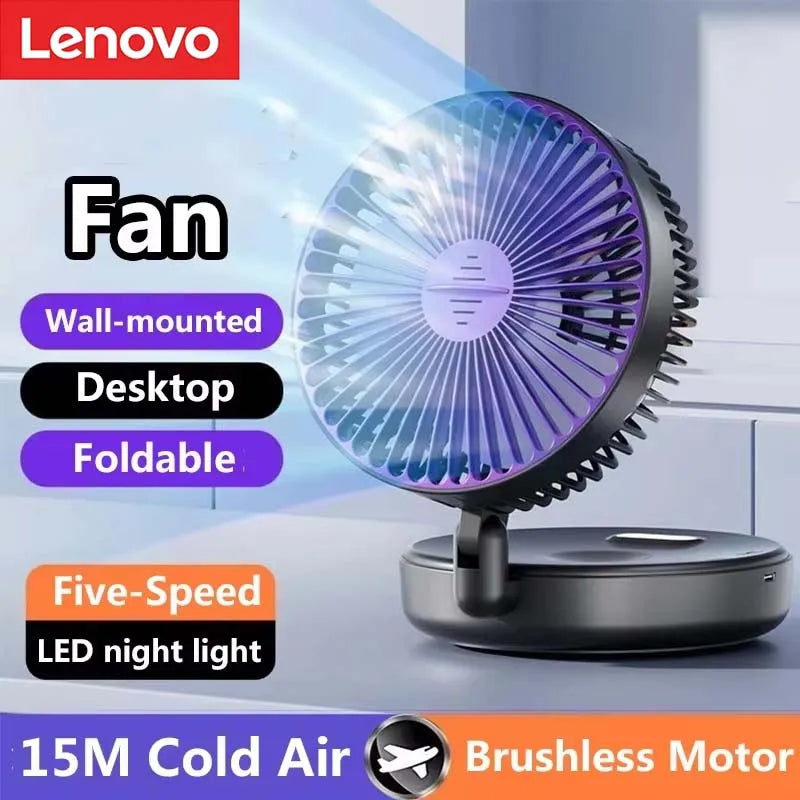 Lenovo 3 In 1 Electric Fan Rechargeable Small Folding Cycle Desktop Wall-mounted Small Fan Dormitory Toilet Cold Wind Summer Fan