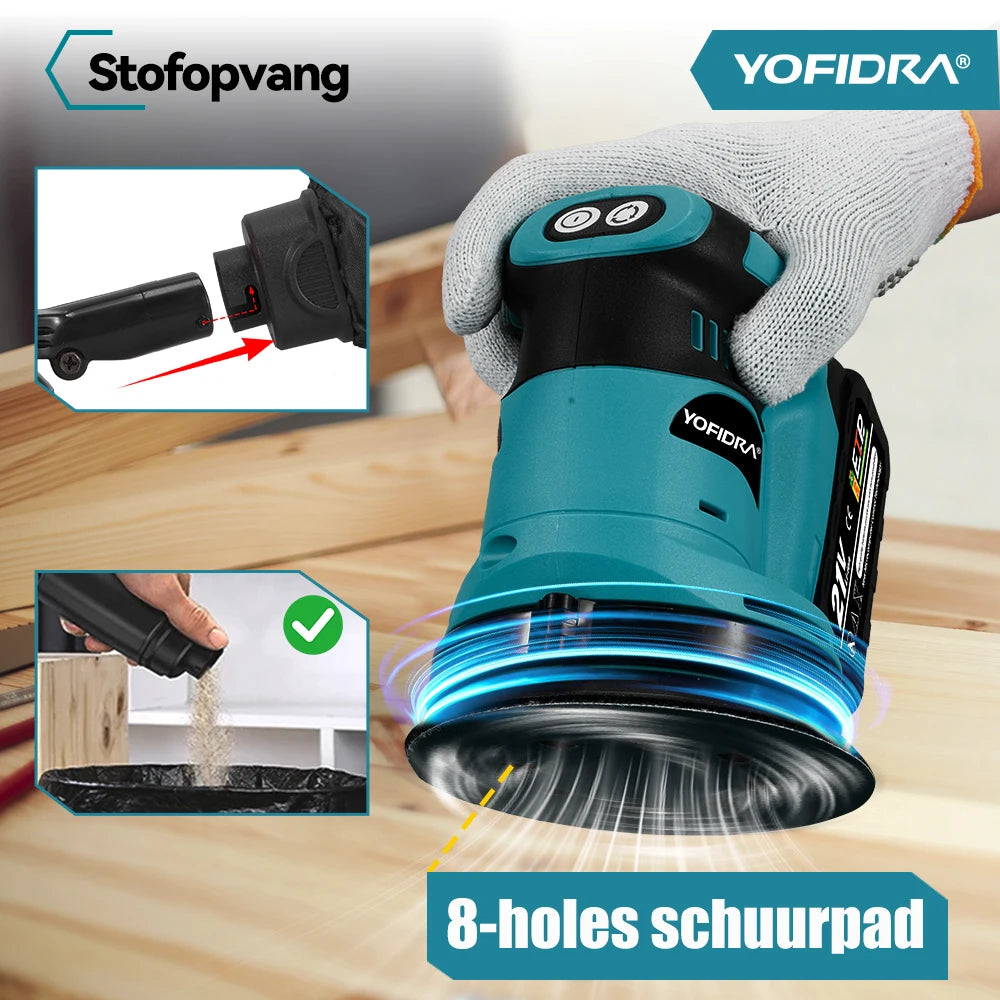 YOFIDRA Electric Orbital Sander 125MM Cordless Grinding Sanding Polishing Machine Woodworking Power Tool For Makita Battery Pin