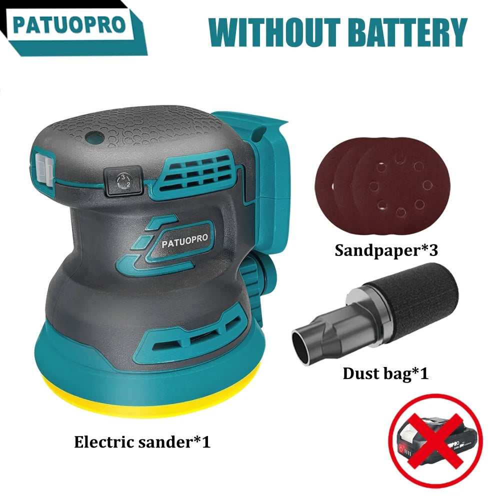 Ponceuse orbitale aléatoire sans fil PATUOPRO 125 mm, polisseuse électrique, ponceuse 3 vitesses compatible avec batterie Makita 18 V