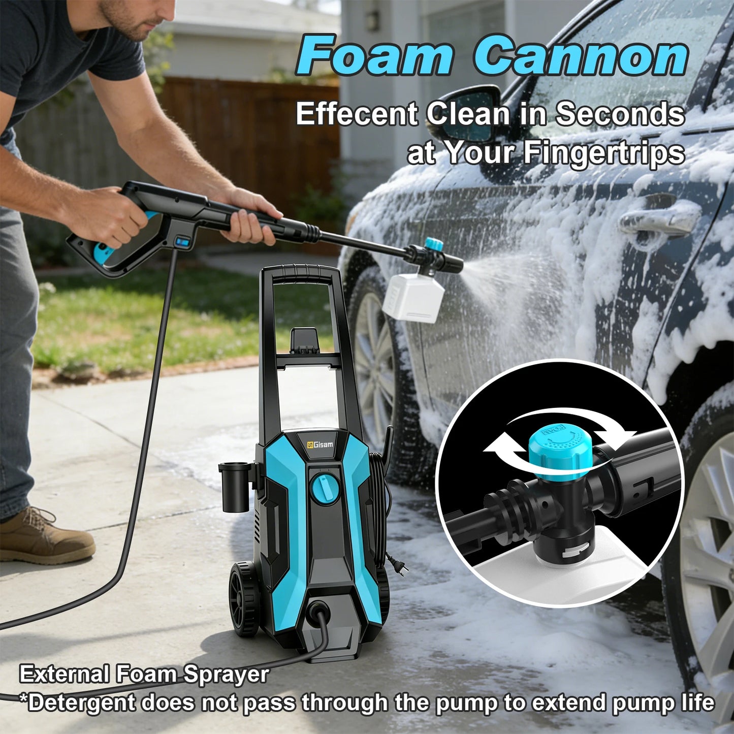 Gisam 200Bar Electric High Pressure Washer 2900 PSI 2200W Car Washer Gun Garden Washing Water Wash Spray Gun with 8m Hose, Soap Bottle, 180° Adjustable Nozzle For Car Garden Clean