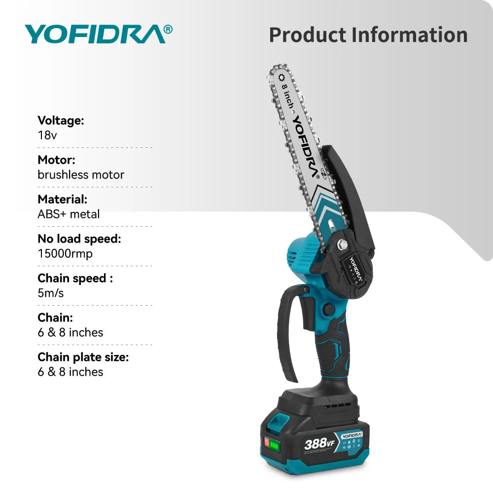 YOFIDRA 6 & 8inch Brushless Electric Chainsaw Cordless Woodworking Pruning Saw Garden Cutting Power Tool For Makita Battery Pin