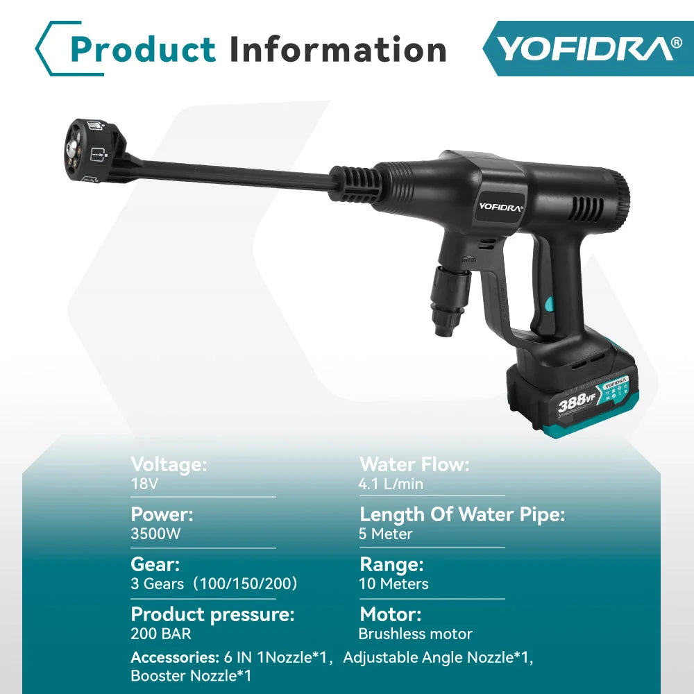 YOFIDRA 6 IN1 High Pressure Car Water Spray Gun 200Bar Cordless Garden Washing Machine Cleaner Power Tool For Makita Battery Pin