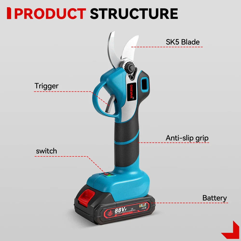 ONEVAN 30MM Brushless Electric Pruning Shear 2Gear Rechargeable Electric Scissors Garden Power Tools For Makita 18V Battery Pin