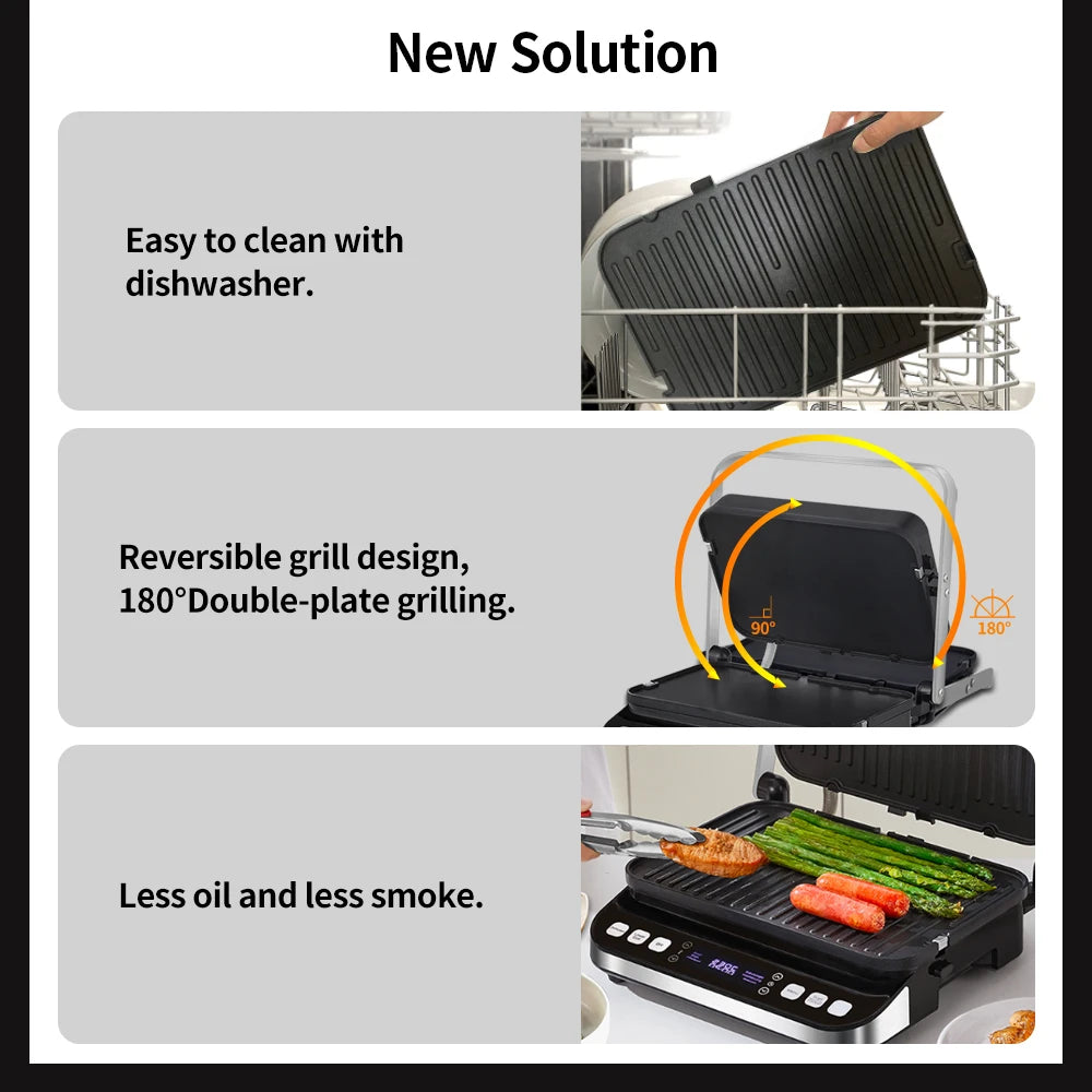 BioloMix 2000W Digitale Contactgrill met 180 graden open ontwerp, optionele wafelplaten voor panini, barbecue en meer