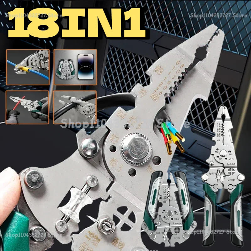 Foldable 18in1 Wire Cutter Wire Stripper Crimper Wire Stripping Tool Cable Stripper Wiring Tools WireCrimping Tool Safety Lock