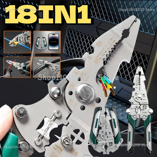 Foldable 18in1 Wire Cutter Wire Stripper Crimper Wire Stripping Tool Cable Stripper Wiring Tools WireCrimping Tool Safety Lock