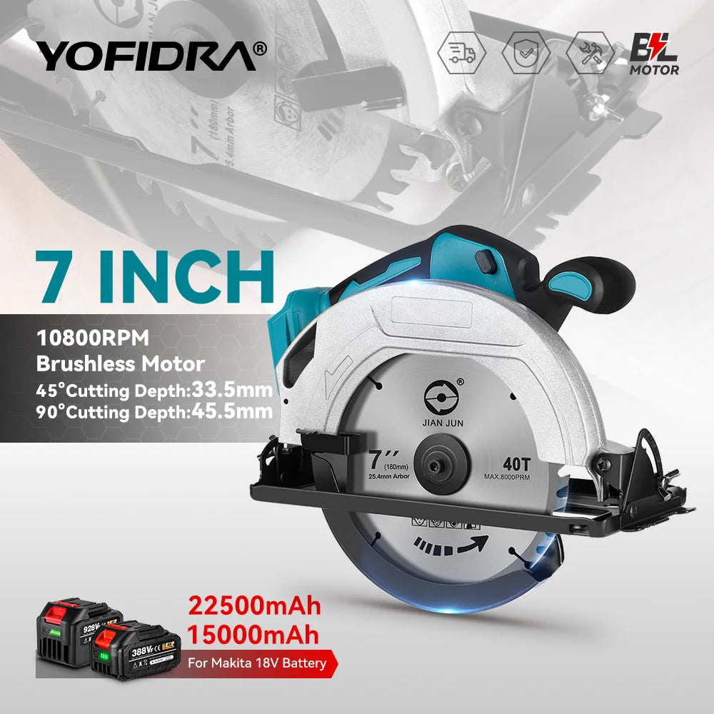 YOFIDRA 185MM Brushless Electric Circular Saw Rechargeable Household Saw Multifunction Cutting Machine For Makita Battery Pin