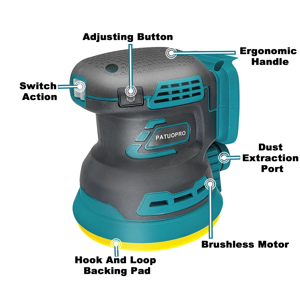Ponceuse orbitale aléatoire sans fil PATUOPRO 125 mm, polisseuse électrique, ponceuse 3 vitesses compatible avec batterie Makita 18 V