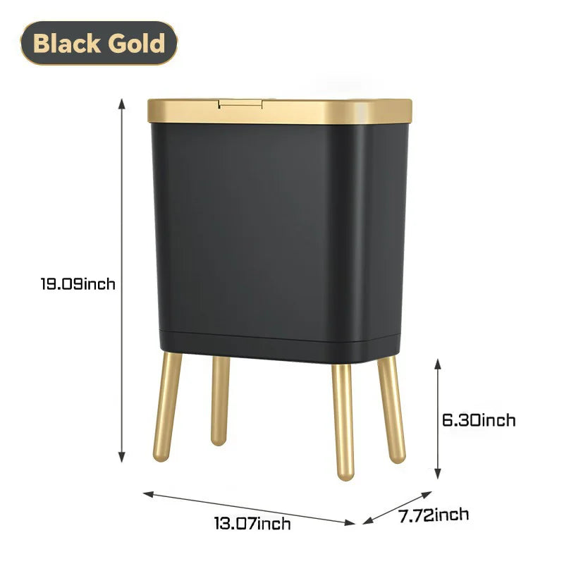 Bedroom Trash Can with Lid,Slim Bathroom Cans Lids, Dog Proof Press Top Lid,Modern Gold Plastic Waste Basket for Office,Kitchen