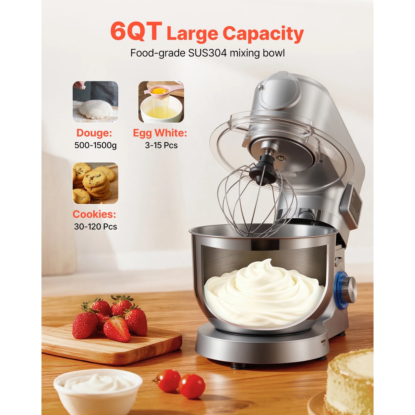 SucceBuy 4.3L 5.7L 6L 7.8L Stand Mixe Electric Kitchen Mixer 1500W Dough-Mixer 6+P Speeds Tilt-head Food-Mixer with 1.5 L Blender Cup
