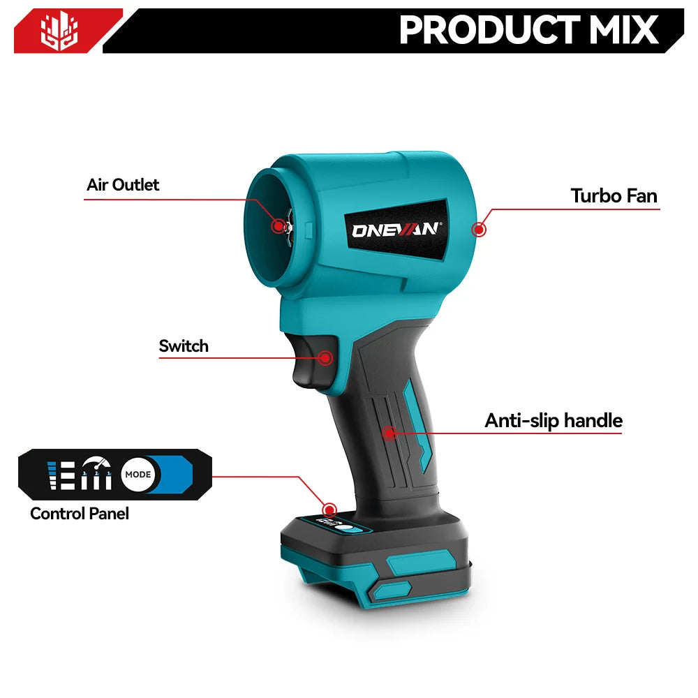 ONEVAN 300.000 tpm Borstelloze Elektrische Bladblazer Jet Fan 400 m/s Snoerloze Bladblazer Stofblaasgereedschap voor Makita 18V Accu