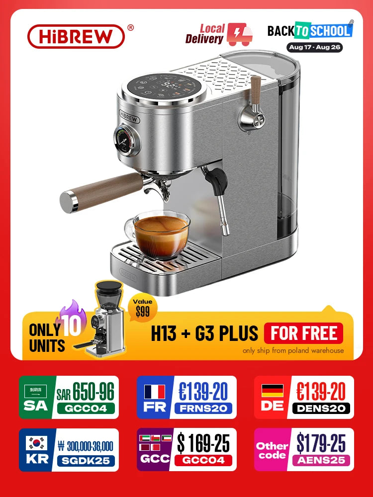 HiBREW Halfautomatische espressomachine met one-touch Americano, instelbare temperatuur, 20 bar, koude koffiezetapparaat, cappuccino H13