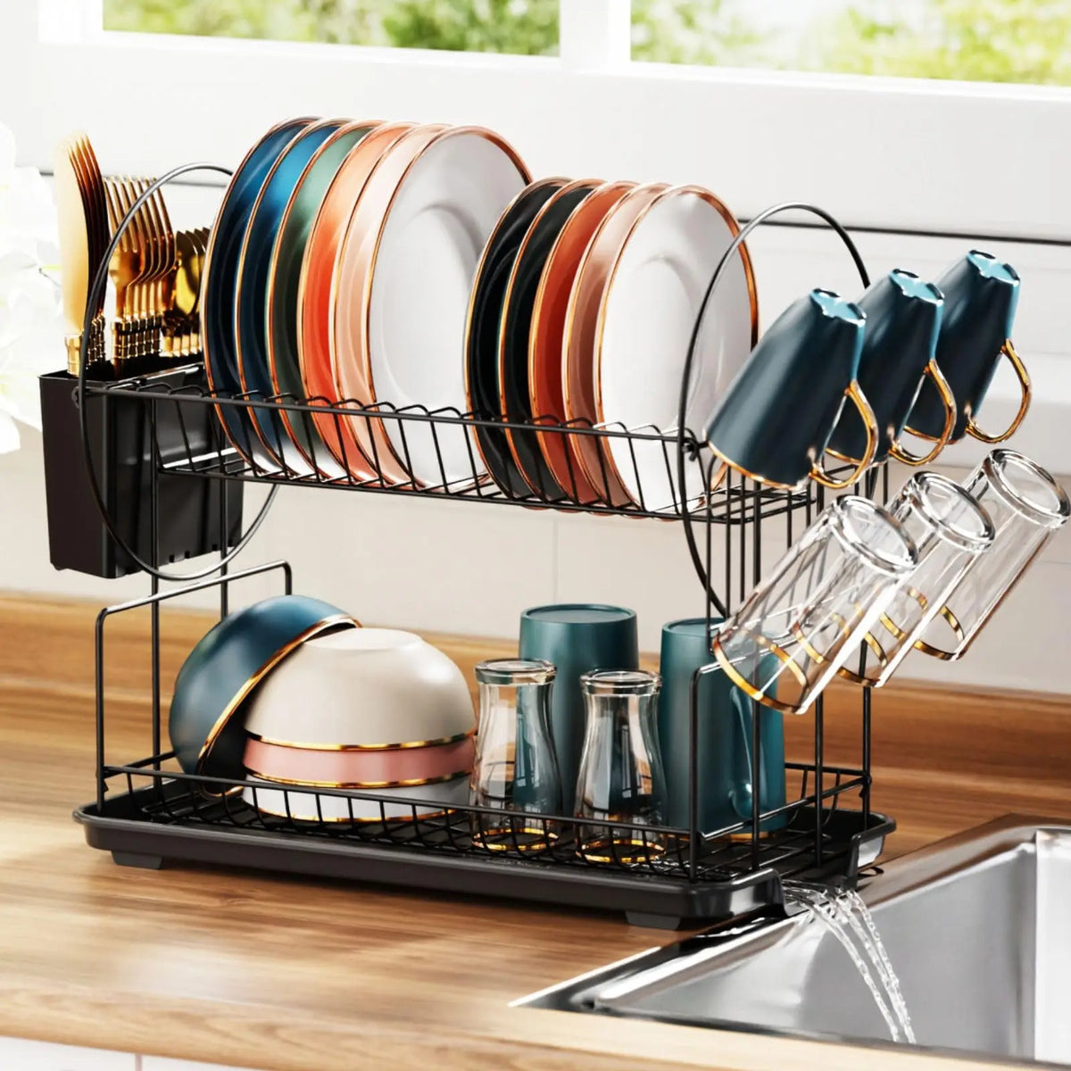 Dish Drying Rack - 2 Tier Small Dish Racks for Kitchen Counter with Drainboard,Multifunctional  Drainer for Kitchen Organization