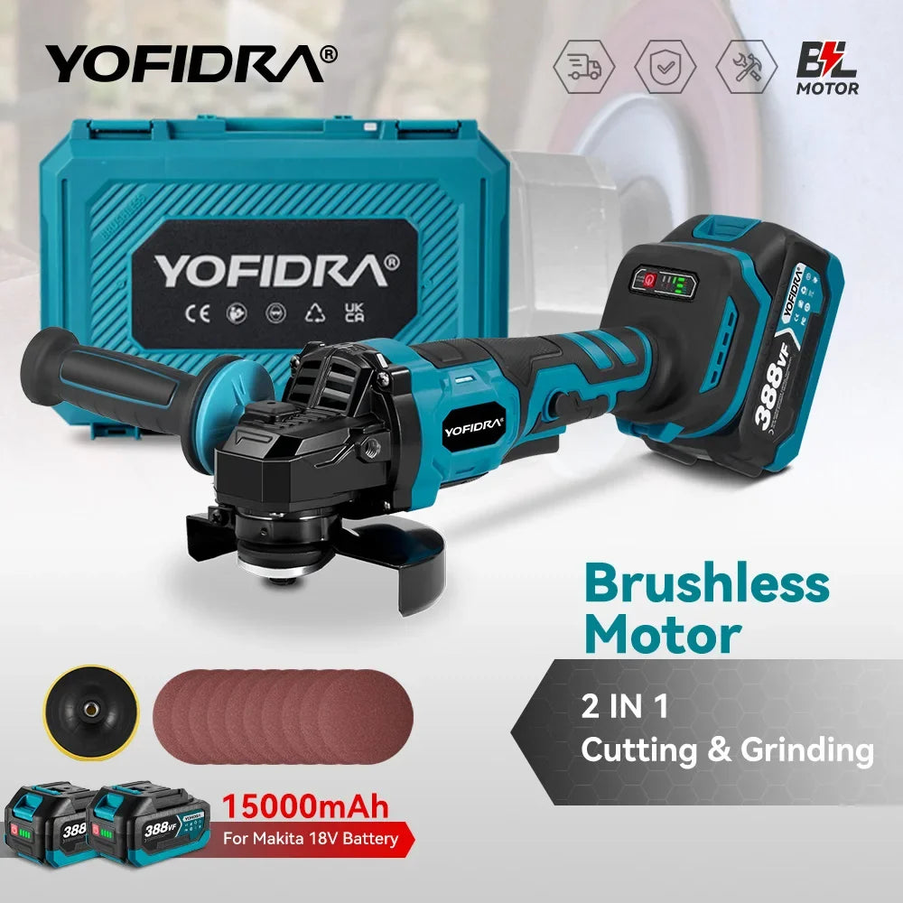 YOFIDRA 125mm Brushless Angle Grinder 3 Gears Cordless Grinding Machine Cutting Woodworking Power Tool For Makita Battery Pin