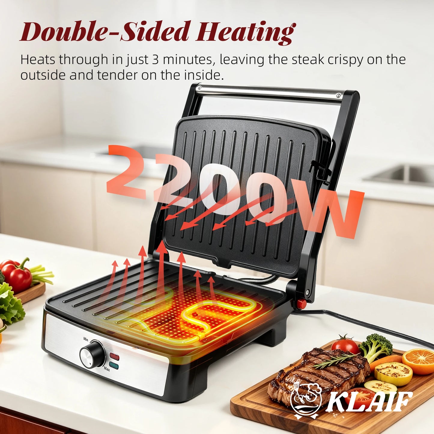 2200W Double Sided Heating Contact Grill Steak Grill Machine, 180 Degree Open Non-stick Panini Maker with Precise Temp Control Large Cooking Surface for Household BBQ Breakfast