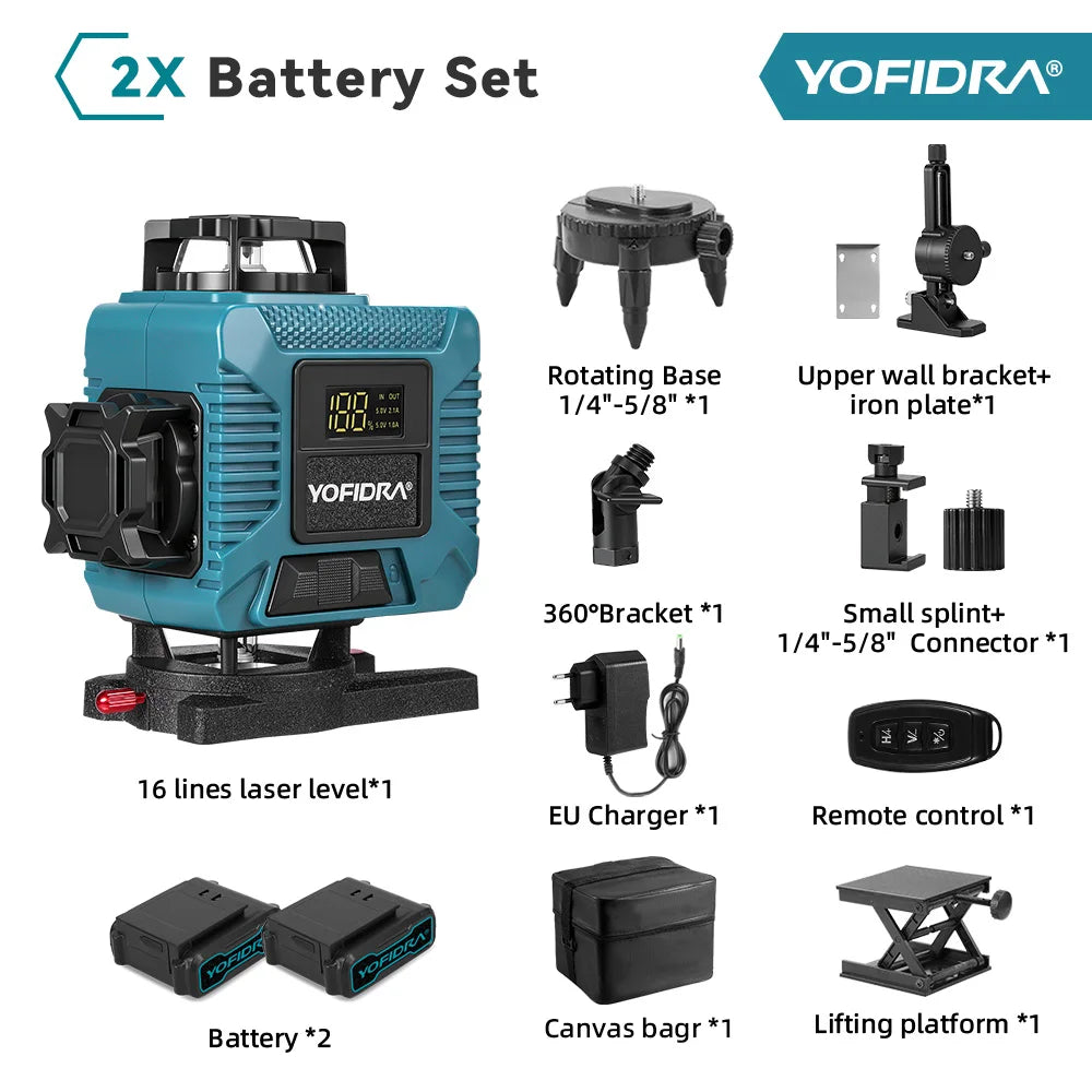 YOFIDRA 16 Lines 4D Laser Levels 360 Vertical & Horizontal Lasers Professional Super Power  Green Beam Laser Measure Machine