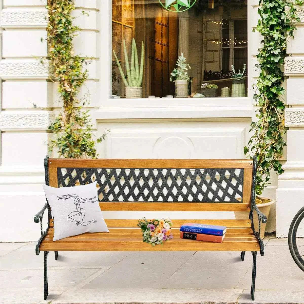 Garden Bench Wooden Bench Metal Frame Park Bench 2 Seater Garden Furniture Patio Bench for Balcony, Garden, Porch