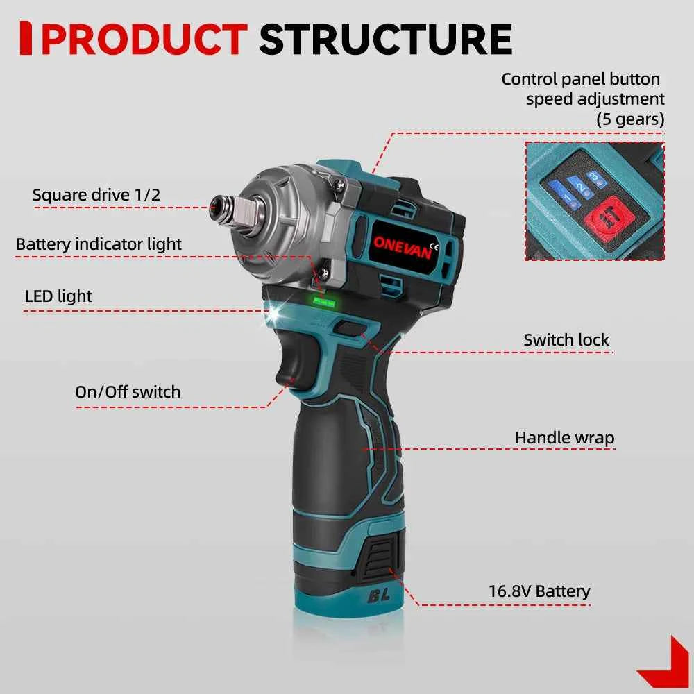 ONEVAN 500N.M Brushless Electric Impact Wrench 3in1 Cordless 1/2inch Wrench Screwdriver Drill Lithium-Ion Battery Power Tool