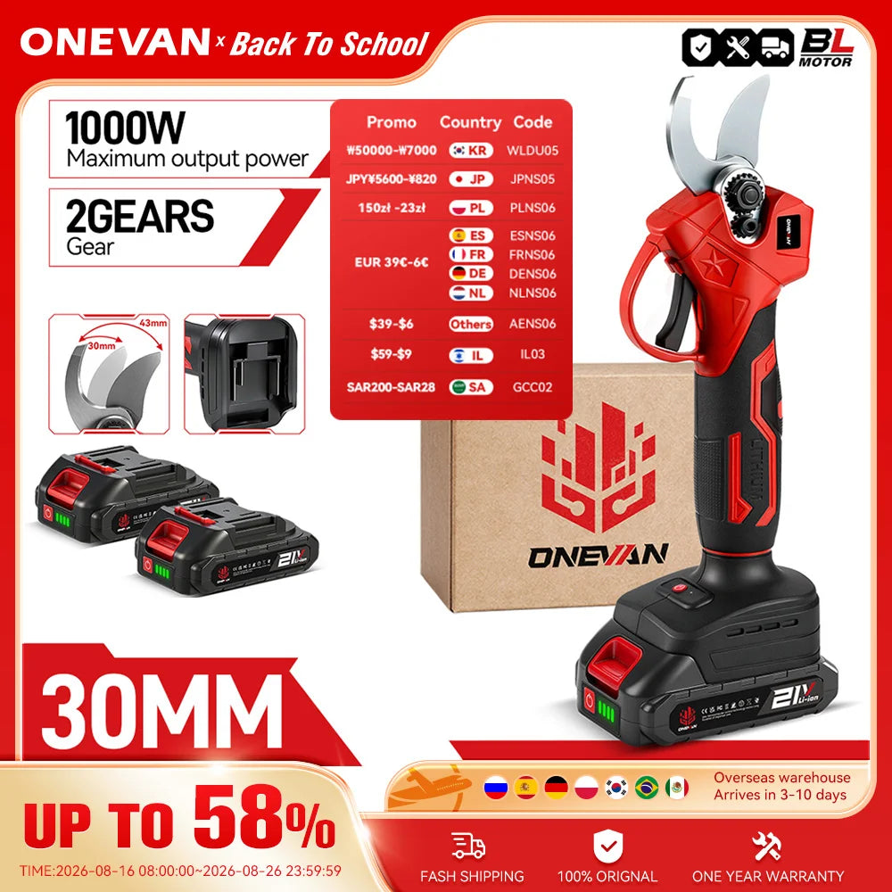 ONEVAN 1000W 30MM Brushless Electric Pruning Shear 3Pins Plug Cordless Electric Scissors Garden Tools For Makita 18V Battery Pin