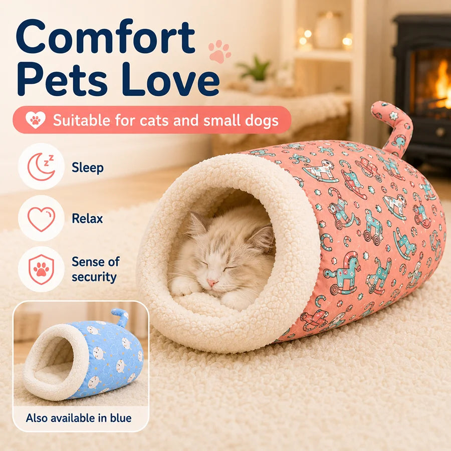 Cat Bed with Soft Fuzzy Lining Semi-Enclosed Winter Cave for Cats Small Dogs Semi-Enclosed Winter Sleeping Kitten Bed