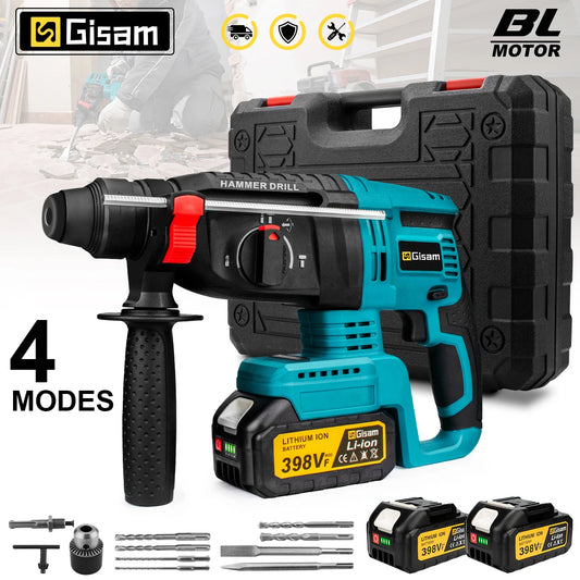 Gisam 1680W Brushless Electric Hammer Drill 26MM Cordless Rotary Impact Hammer Woodworking Power Tool For Maktia 18V Battery Pin