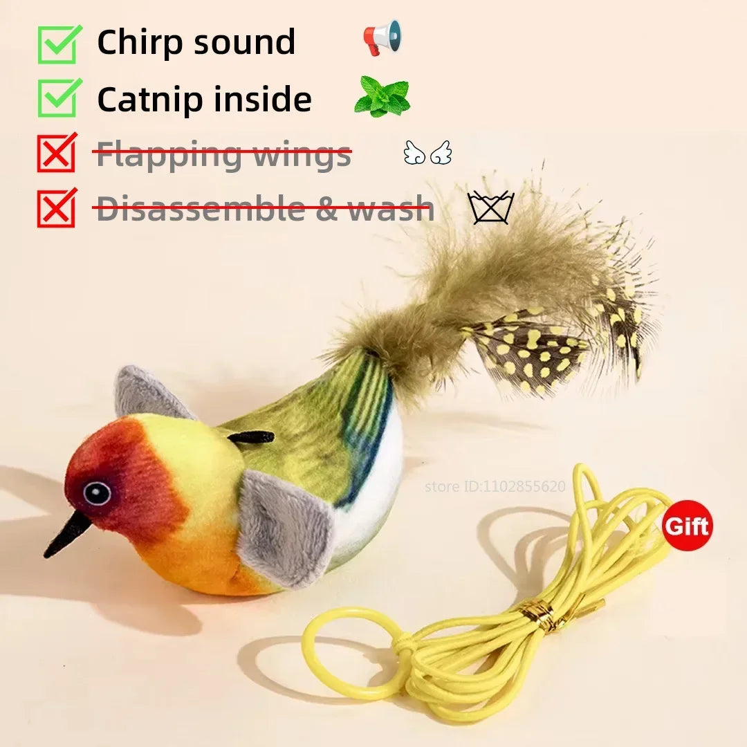 A colorful bird-shaped cat toy with a feathered tail, chirping sound, and catnip inside, accompanied by a yellow string.