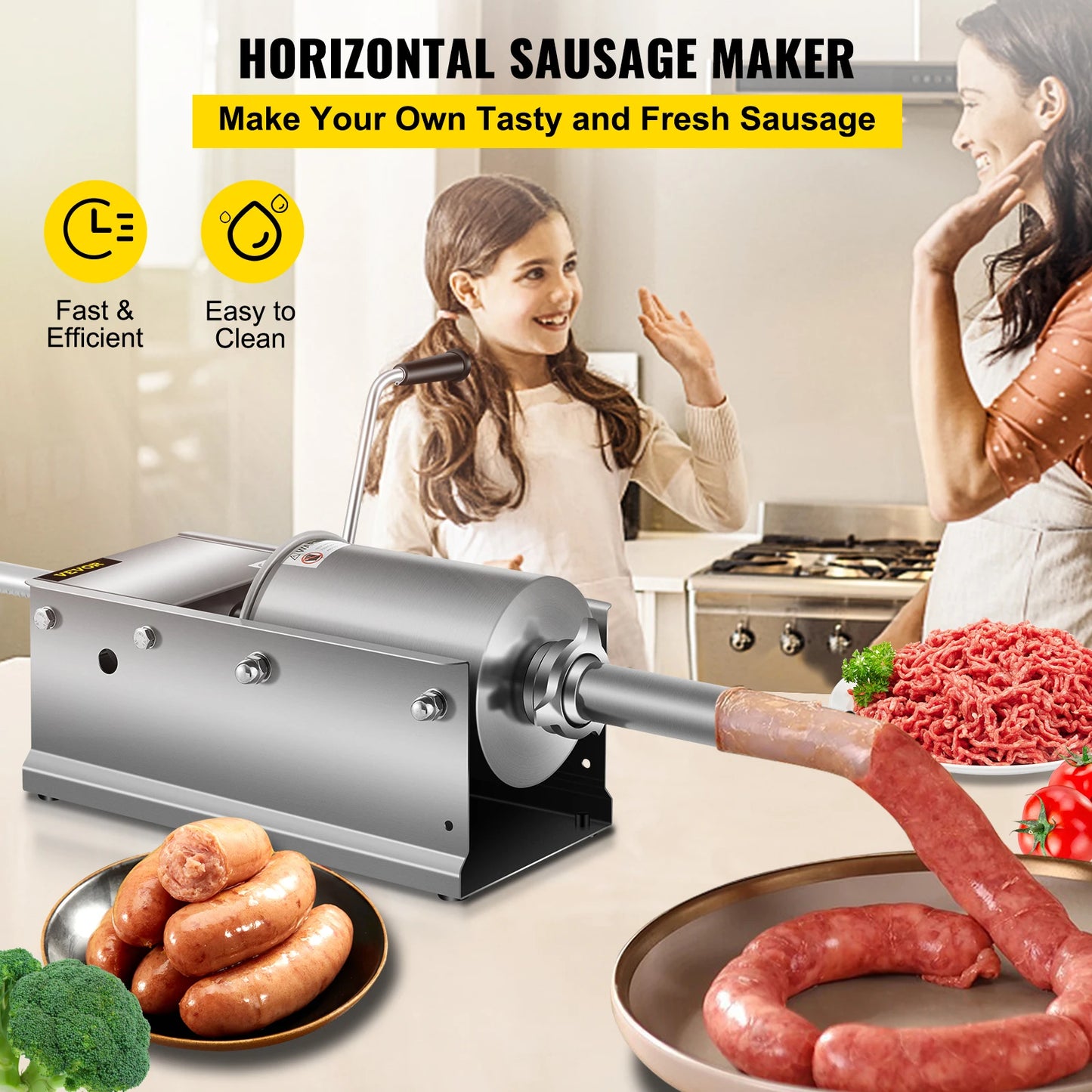 SucceBuy 3L Horizontal Sausage Stuffer Manual Sausage Maker Stainless Steel With 5 Filling Nozzles For Home & Commercial Use