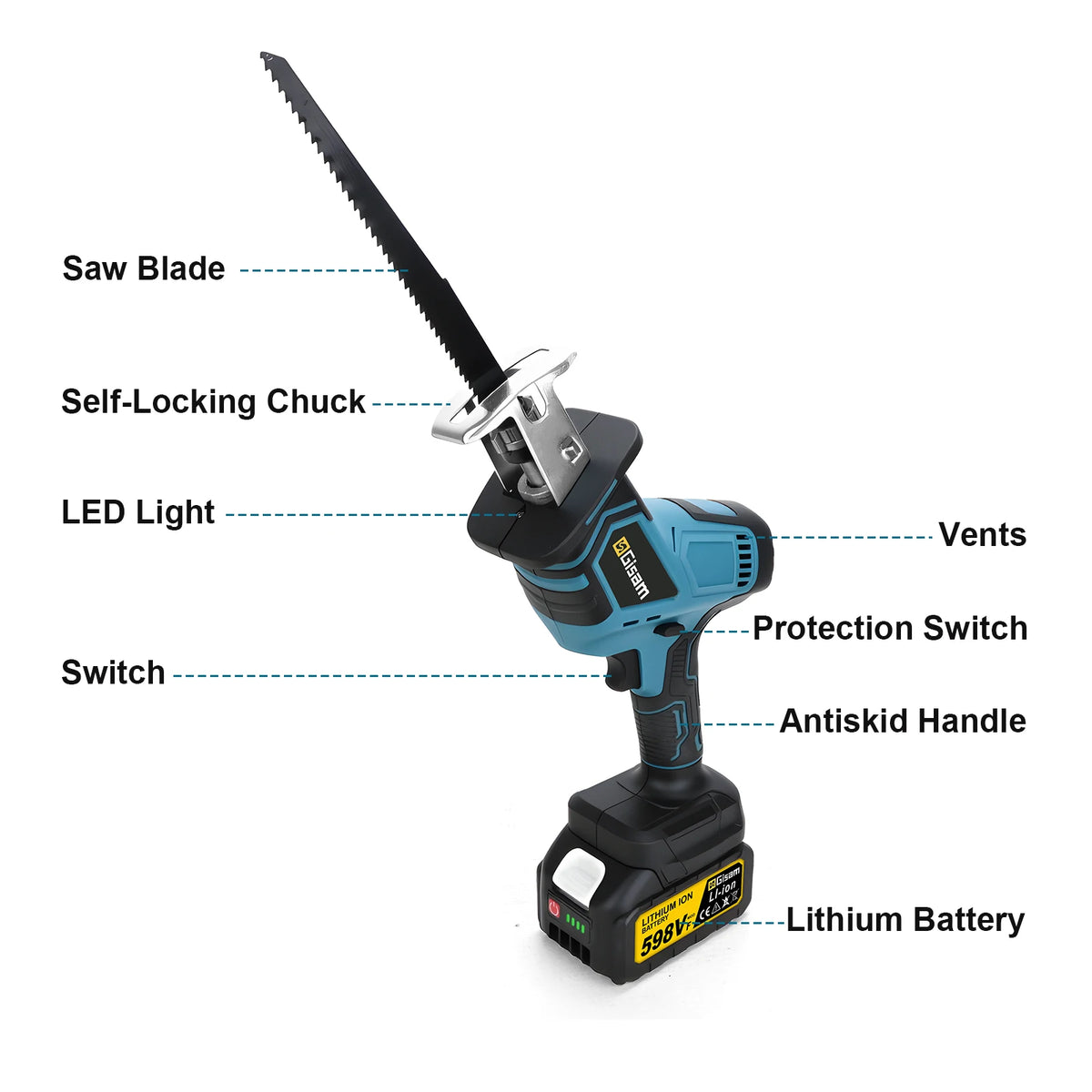 Scie alternative sans balais Gisam 3600W, 12000 tr/min, outil électrique pour la découpe de bois, métal et tuyaux, compatible avec les batteries Makita 18V