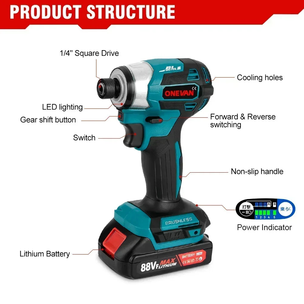 Visseuse à percussion électrique sans fil ONEVAN 600 N.m, 5 vitesses, compatible batterie Makita 18V