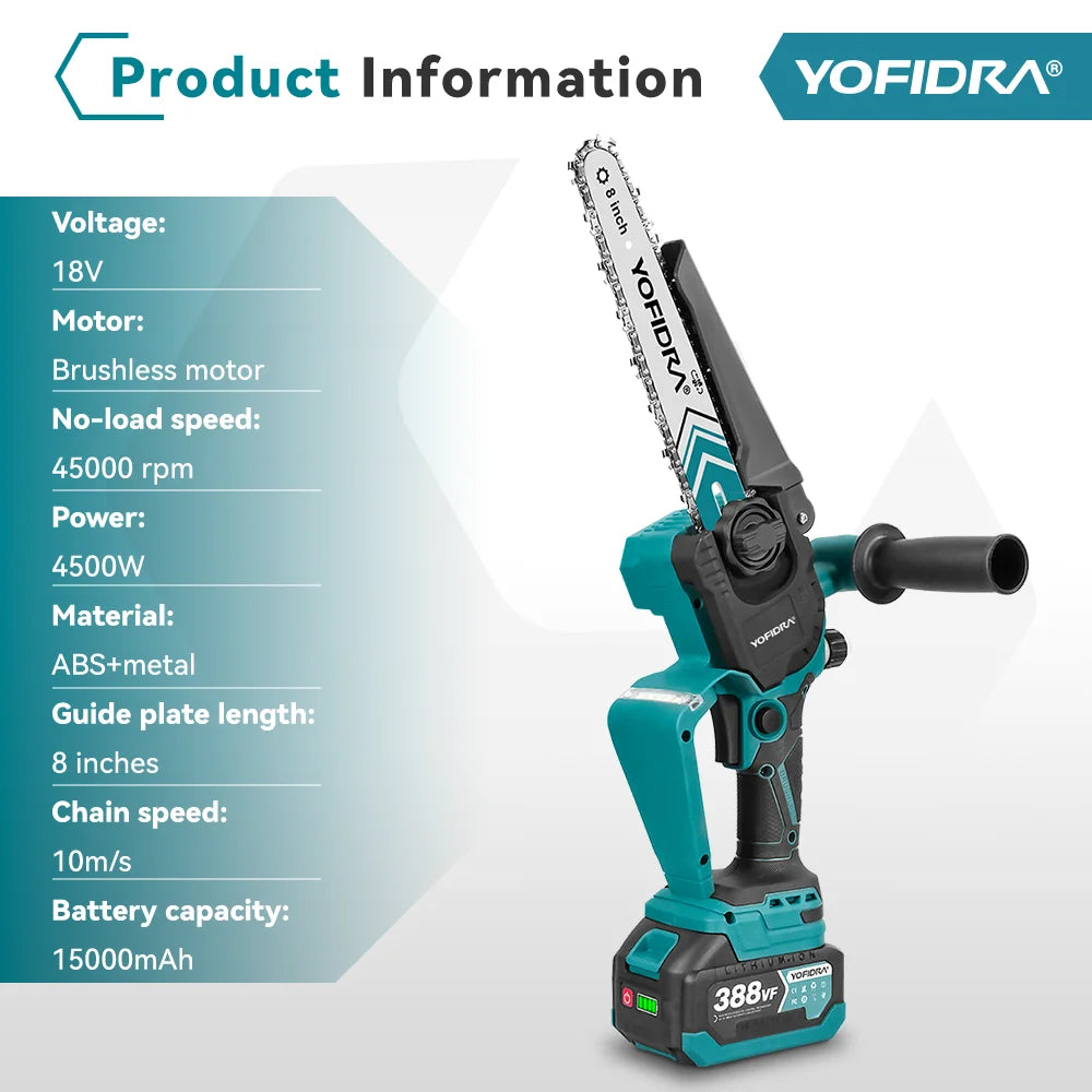 YOFIDRA 4500W Brushless 8 Inch Electric Chainsaw Digital Display Woodworking Pruning Saw Cutting Tool For 21V Battery Pin