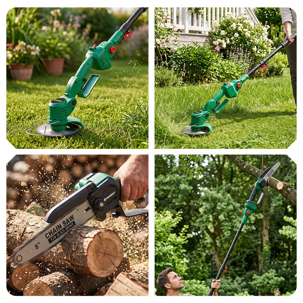 NEWBENY Ensemble d'outils de jardinage 3-en-1 : tondeuse à gazon sans fil, tronçonneuse électrique et coupe-bordures télescopique pour batterie Makita 21V