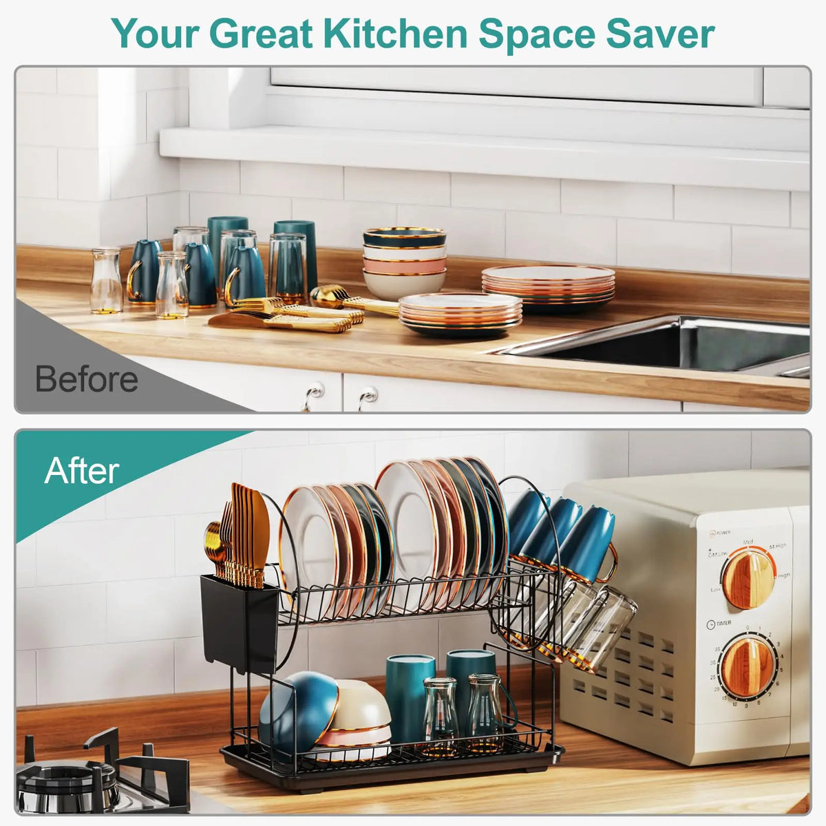 Dish Drying Rack - 2 Tier Small Dish Racks for Kitchen Counter with Drainboard,Multifunctional  Drainer for Kitchen Organization