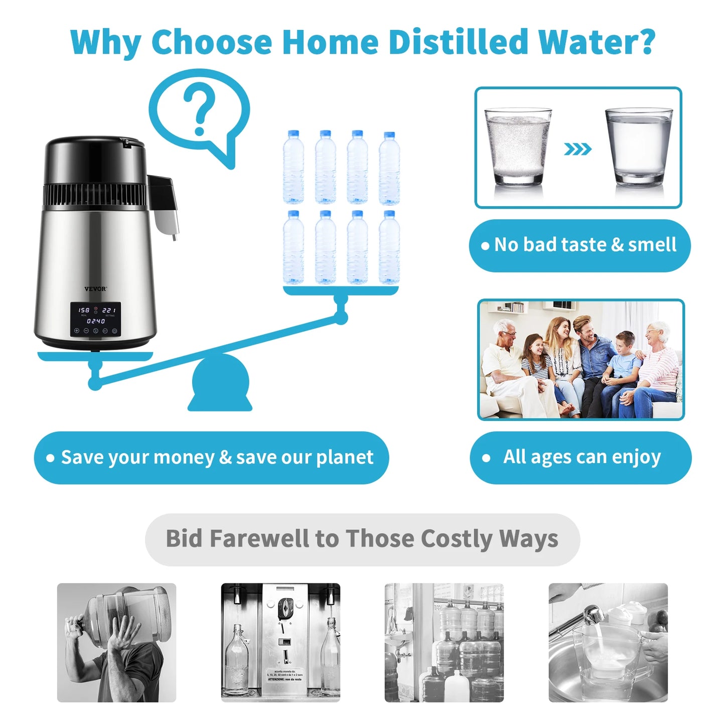 SucceBuy 1.5L/H Distilling Speed 4L Water Distiller Treatmen Purifier Filter Touch Screen Time Setting 304 Stainless Home Use