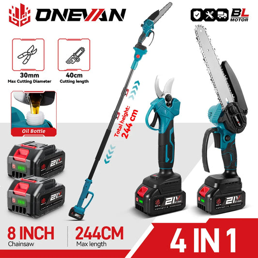 ONEVAN 8inch Brushless Telescoping Pole Electric Chainsaw Scissors 5500W High Branch Garden Pruning Power Tool For 21V Battery