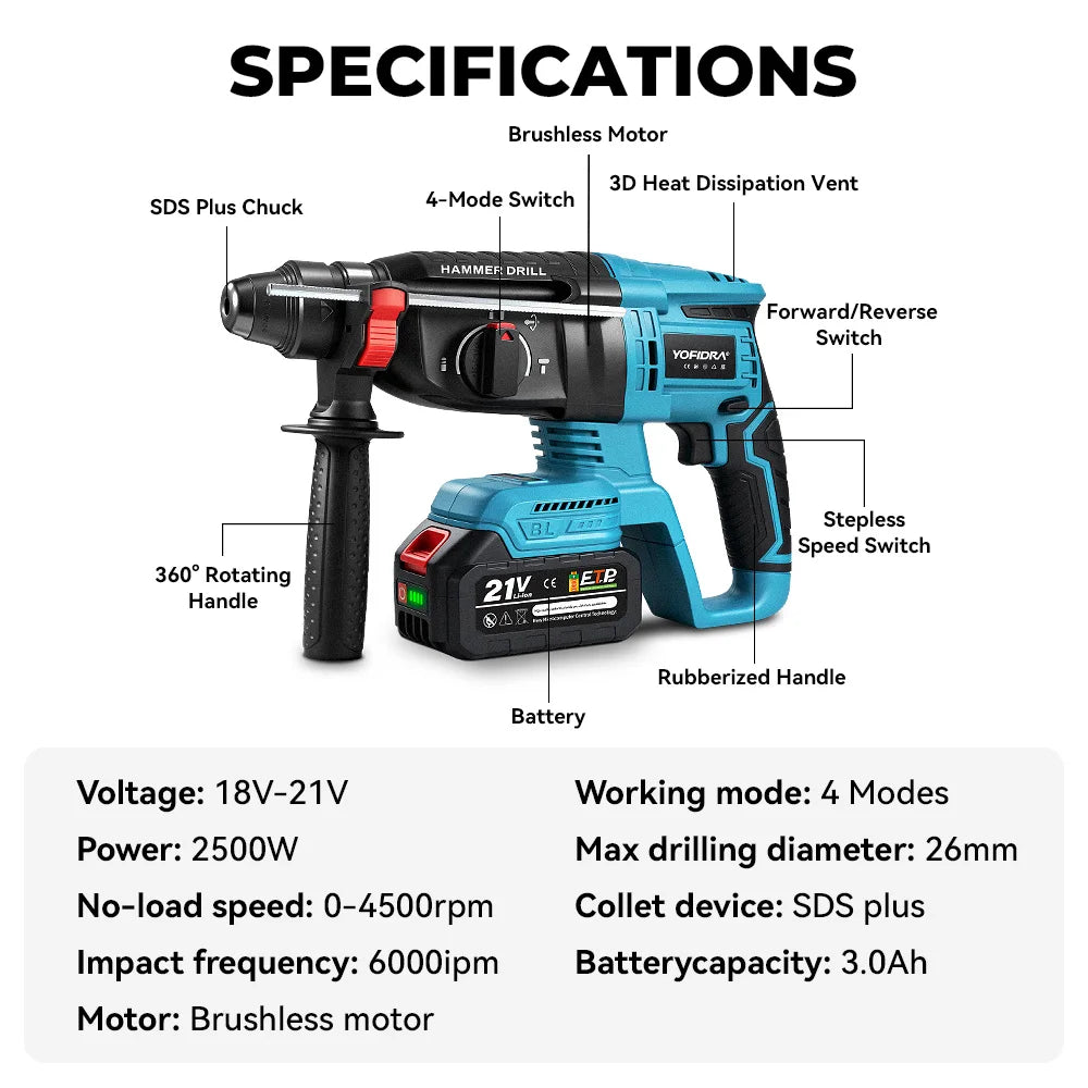 YOFIDRA 26mm Borstelloze Elektrische Boorhamer Snoerloze Multifunctionele Klopboormachine Elektrisch Gereedschap voor Makita 18-21V Accu
