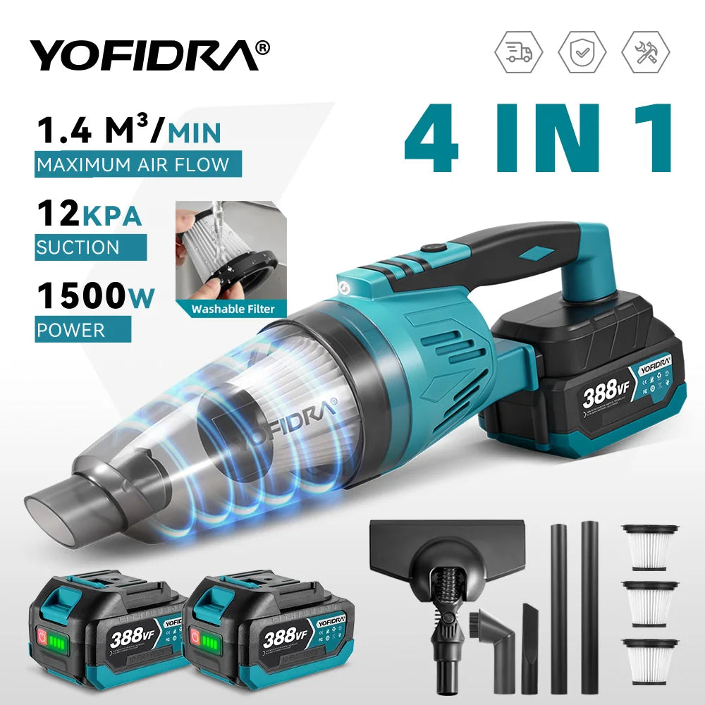 YOFIDRA 1500W 4-in-1 draadloze elektrische stofzuiger, 12KPA, reinigingsgereedschap voor huis en auto, inclusief 3 filters, voor Makita-accu
