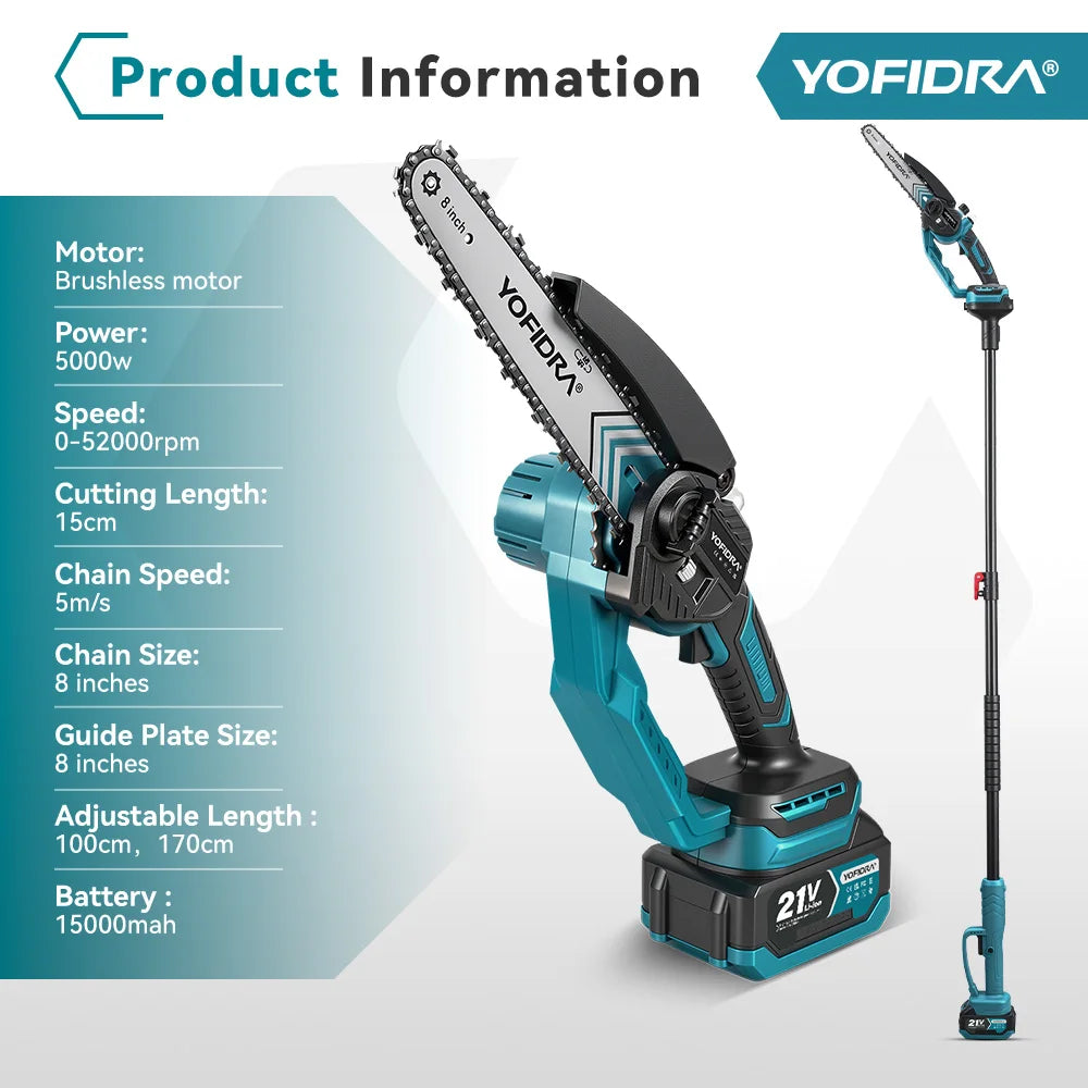 YOFIDRA 5000W Brushless Telescoping Pole High Branch Saw Electric Chainsaw Woodworking Power Tool for 18V 21V Battery Pin