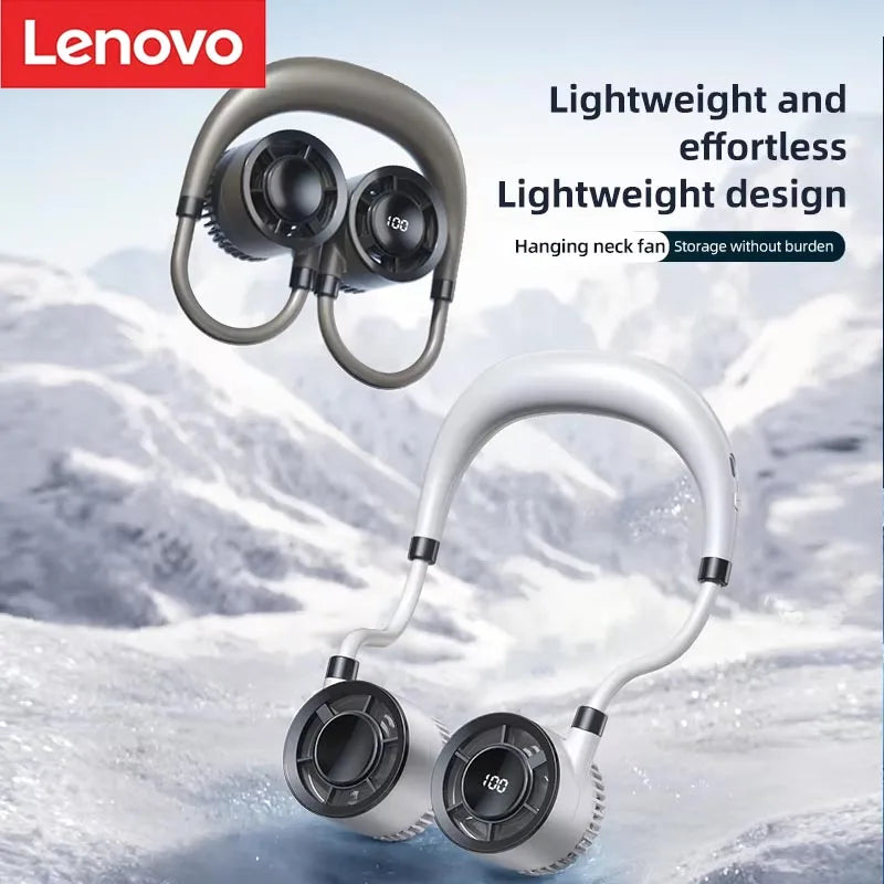 Ventilateur de cou portable Lenovo 100 vitesses, ventilateur sans pales à suspendre avec écran LED, ventilateur rechargeable par USB pour le sport en extérieur et les voyages