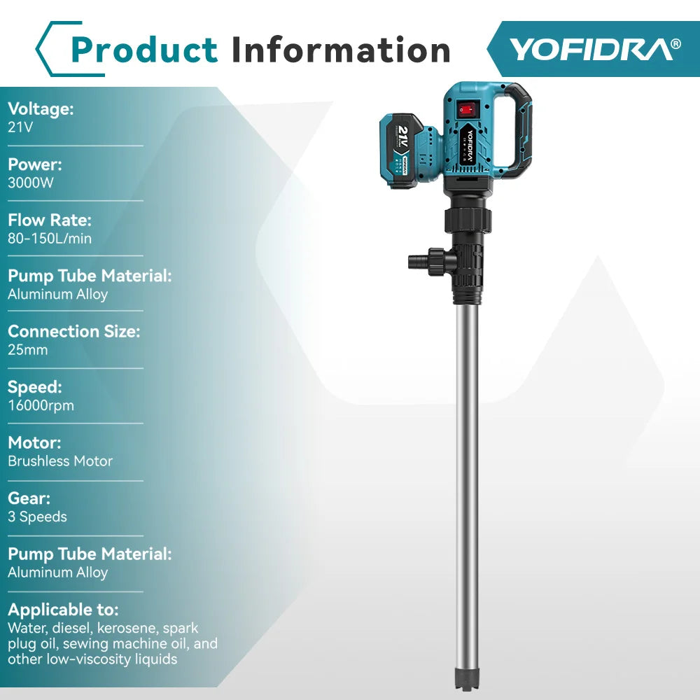 YOFIDRA 3 Gears 80-150L/Min Brushless Water Transfer Pump 3000W Cordless Stick Liquid Extraction Machine For Makita Battery Pin