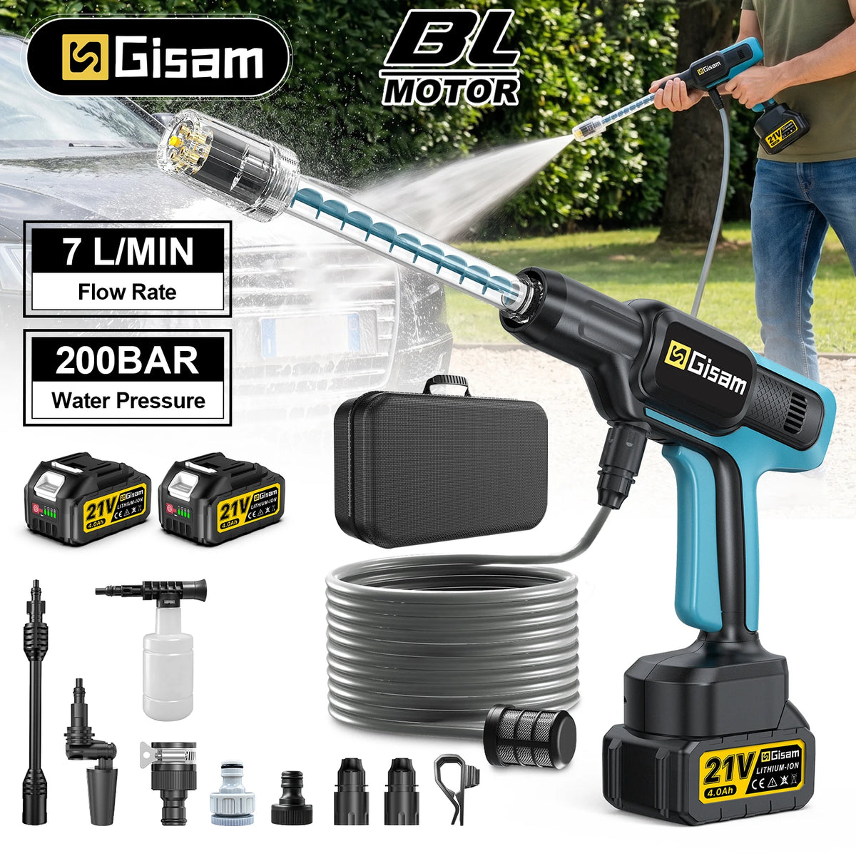 Pistolet nettoyeur haute pression électrique sans fil Gisam 5-en-1, 220 bars, moteur sans charbons, pour nettoyage de voiture et jardin, outil électrique compatible avec batterie Makita 18V