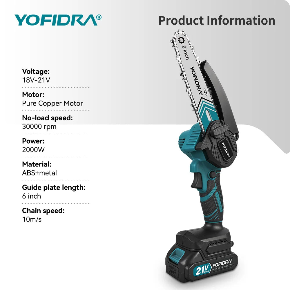 Tronçonneuse électrique portable YOFIDRA de 6 pouces, 30 000 tr/min, outil de coupe pour jardinage et travail du bois, compatible avec batterie Makita 21V