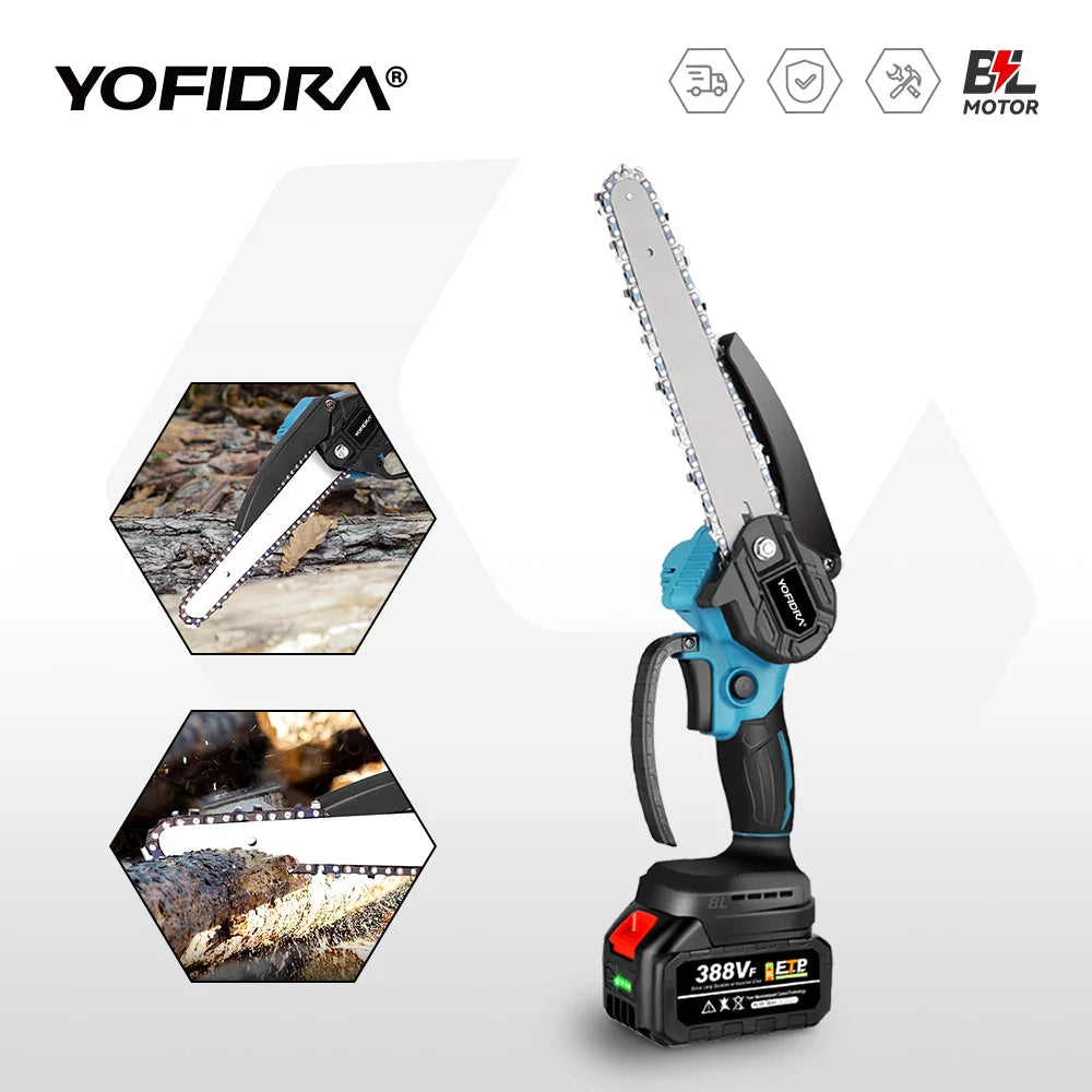 YOFIDRA 3000W 8Inch Brushless ChainSaw Handheld Cordless Pruning Cutting Chain Saw WoodWooking Power Tool For Makita Battery Pin