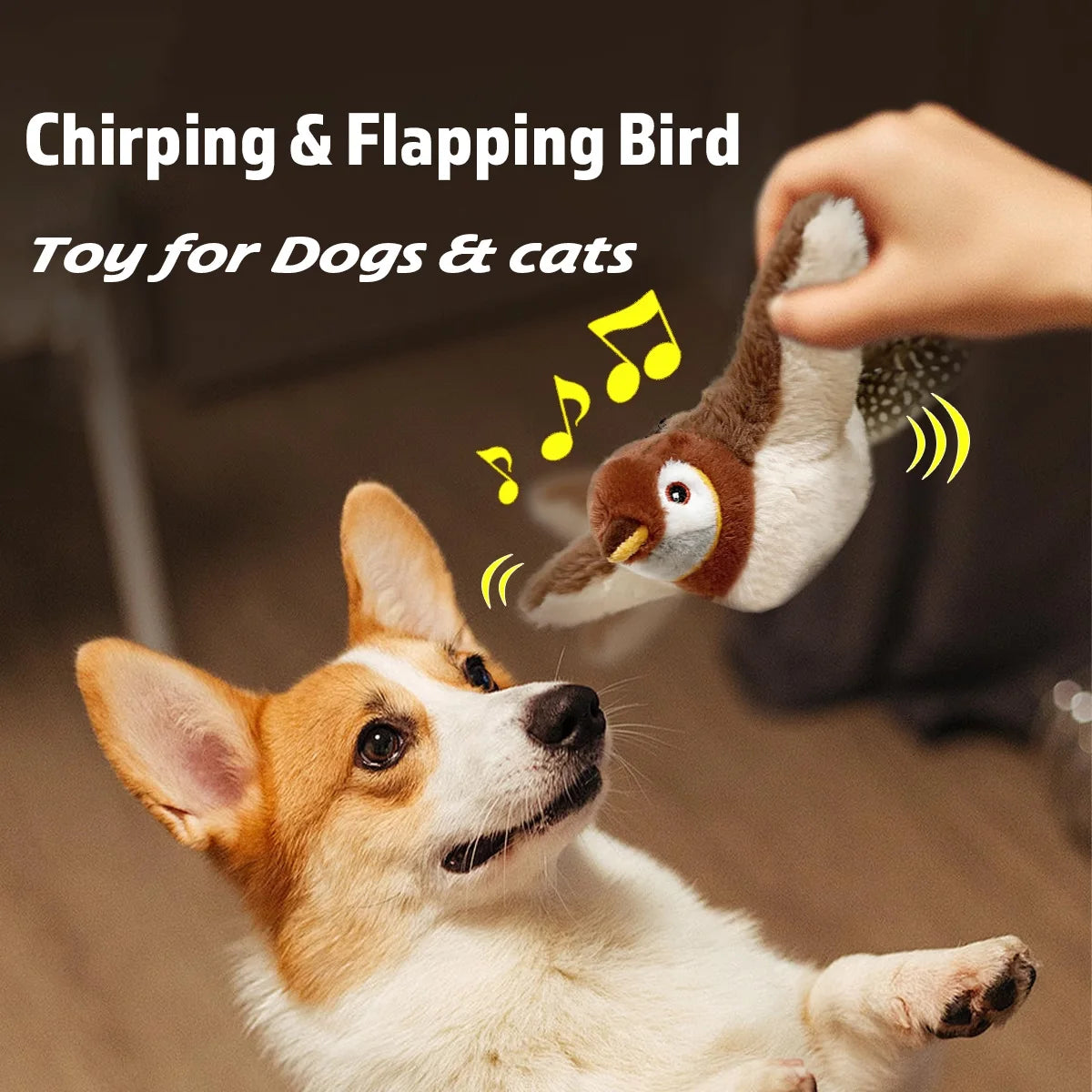 A chirping and flapping bird toy for dogs and cats.