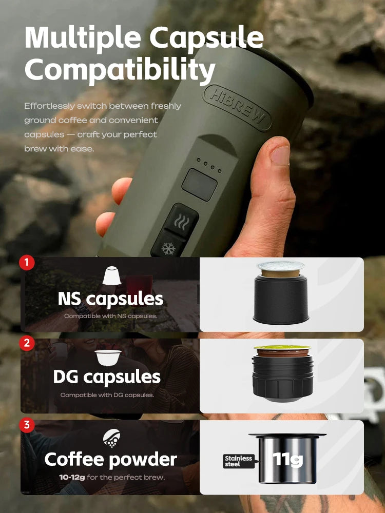 HiBREW H4C Draagbare Espressomachine 3-in-1 Koffiezetapparaat voor op reis, 7500mAh Lithium-accu, zelfverwarmend, geschikt voor NS/DG-capsules & gemalen koffie