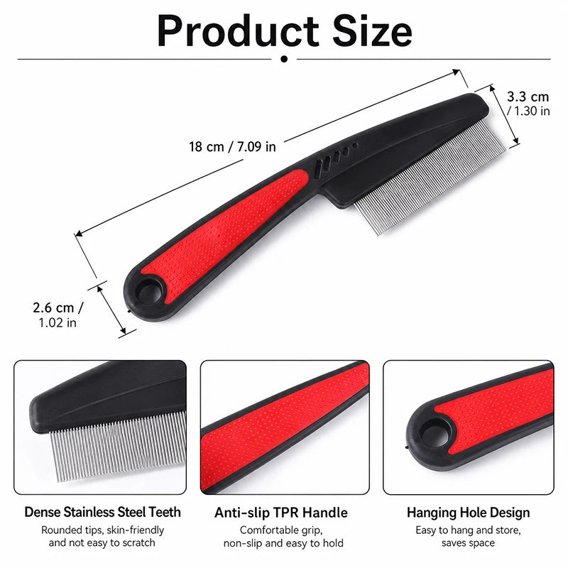 Pet Flea Comb for Dogs Cats Fine Tooth Stainless Steel Grooming Comb Anti-Slip Handle Pet Hair Remover Lice Comb for Short Fur