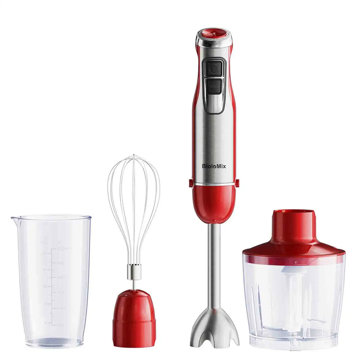 BioloMix Professionele 4-in-1 Staafmixerset - 1200W Krachtige Handmixer met Roestvrijstalen IJsmessen, Inclusief Hakmolen