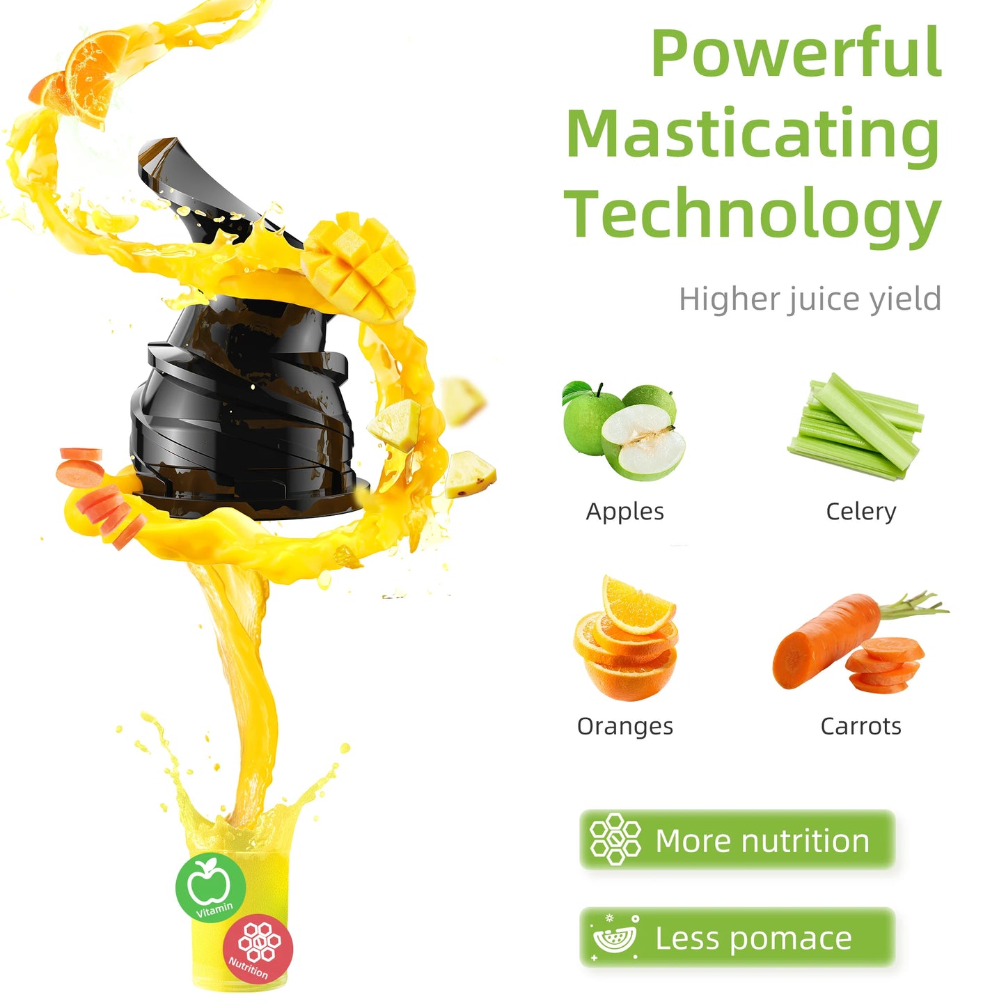 BioloMix 200W Cold Press Juicer Slow Masticating Extractor 78mm Wide Feed Chute Whole Fruit And Vegetable Juicer